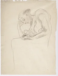 Vecchia donna seduta verso sinistra, con testa appoggiata